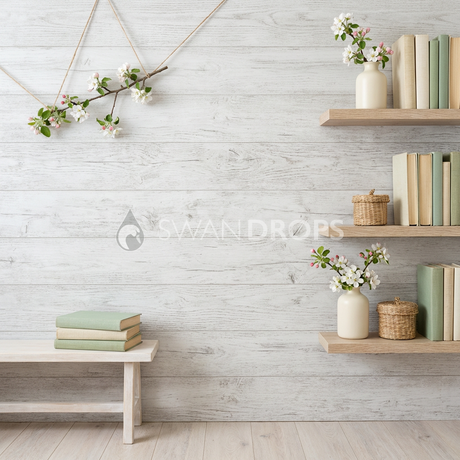 Fond photo Étagères asymétriques droite dense de la collection Printemps Champêtre 2026 - crème, bois blanchi, fleurs - portrait famille lifestyle