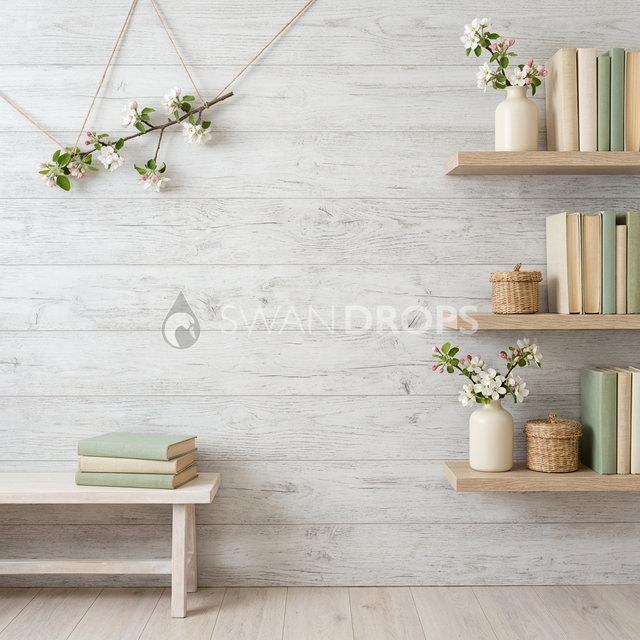 Fond photo Étagères asymétriques droite dense de la collection Printemps Champêtre 2026 - crème, bois blanchi, fleurs - portrait famille lifestyle
