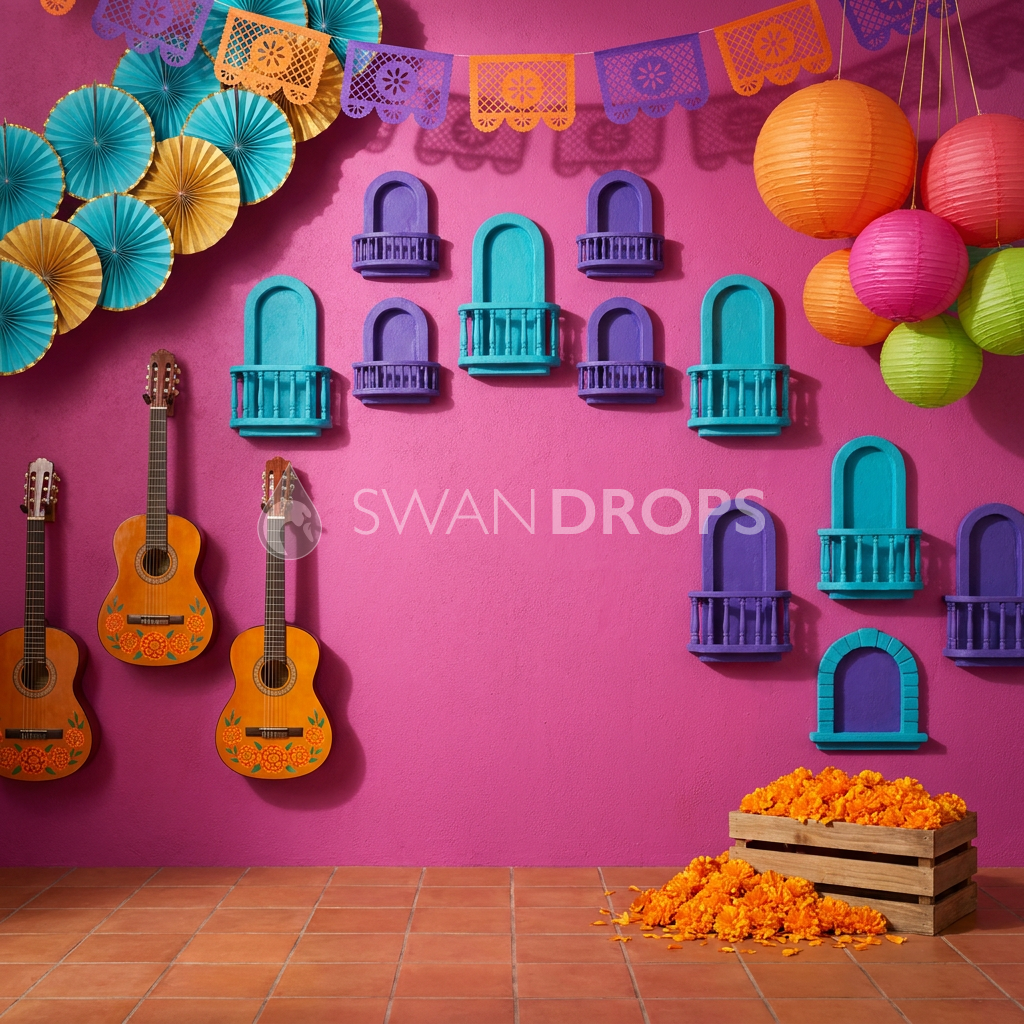 Fond photo Balcon des alebrijes de la collection Halloween Mexique - magenta, turquoise, violet - portrait enfant fantaisie Coco