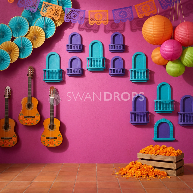 Fond photo Balcon des alebrijes de la collection Halloween Mexique - magenta, turquoise, violet - portrait enfant fantaisie Coco