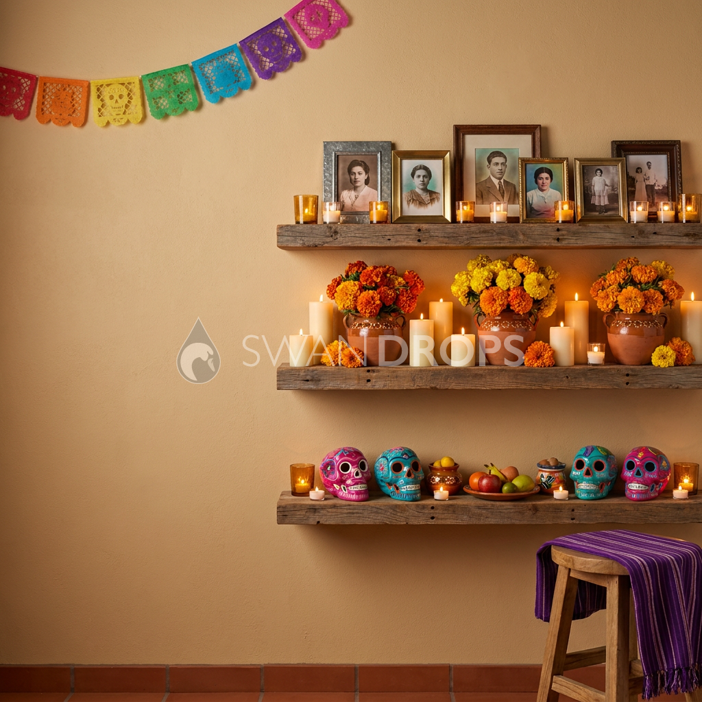 Fond photo Lumière des ancêtres de la collection Halloween Mexique - ambre, orangé, papel picado - séance famille Halloween