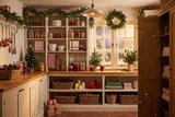 Fond photo Provisions de l'Avent de la collection Noël intérieur traditionnel - bois brut, bocaux, lumière dorée - séance nouveau-né Noël