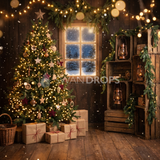 Fond photo Veille des branches de la collection Noël 2026 Maison du père noël V2 - vert sapin, ambre doré - séance famille portrait enfant Noël