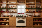 Fond photo Alvéoles de cuivre de la collection Noel cuisine 2026 - chêne miel, cuivre, faïence crème - portrait enfant famille Noël