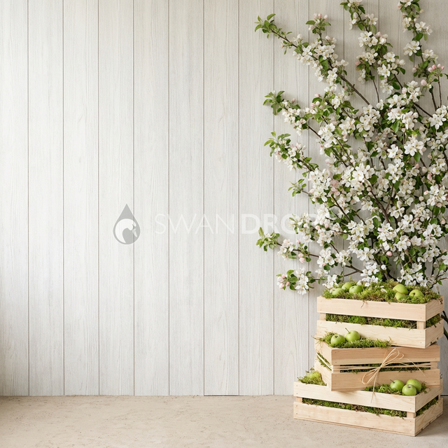 Fond photo Verger cagettes droite branches denses de la collection Printemps Champêtre 2026 - bois blanchi, branches denses, mousse - séance nouveau-né wrap