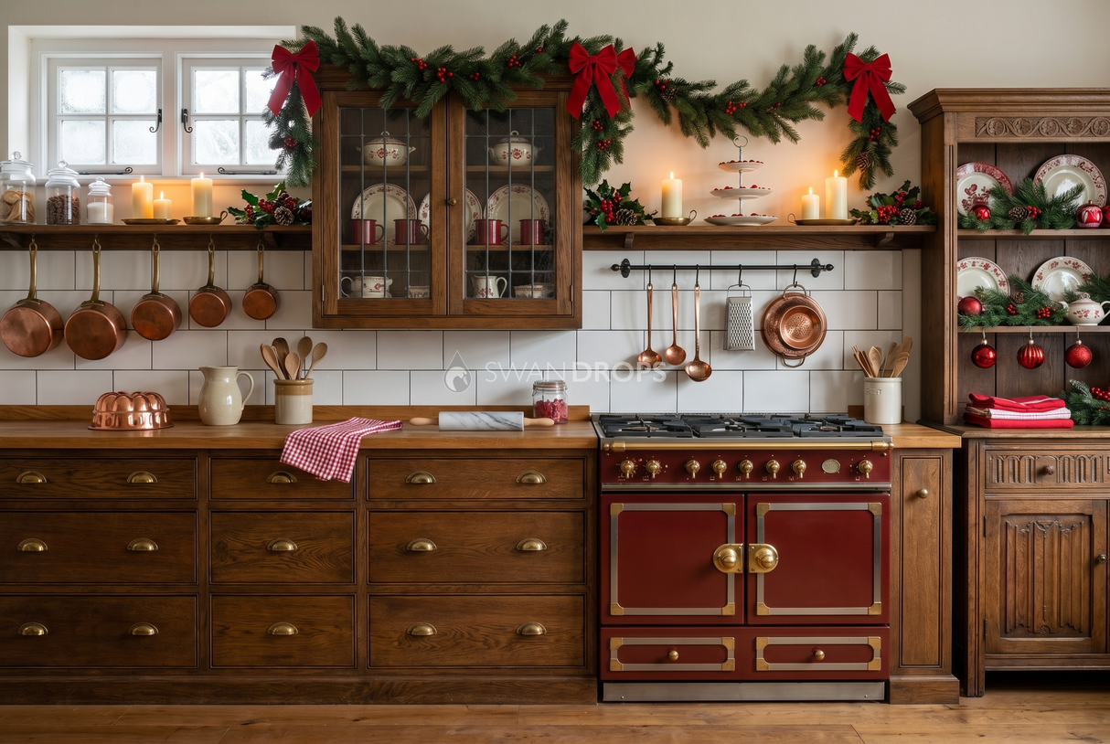 Fond photo Écho de cire de la collection Noel cuisine 2026 - chêne foncé, rouge brique - portrait enfant Noël