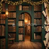 Fond photo Registre des songes de la collection Noël 2026 Maison du père noël V2 - vert sapin, or ancien - séance enfant portrait lecture