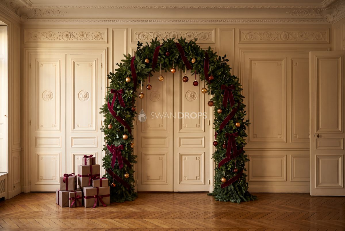 Fond photo Promesse veloutée de la collection Arches Noël 2026 - panneaux ivoire rosaces, velours bordeaux - portrait famille Noël haut de gamme