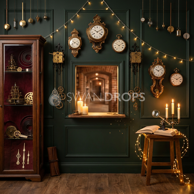 Fond photo Rouage et cire de la collection Noël 2026 Maison du père noël V2 - cuivre oxydé, vert sapin - séance nouveau-né Noël atmosphère bougie