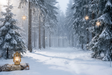 Fond photo Clairière de cristal de la collection Noël 2026 extérieur - sapins enneigés, brume, lanternes dorées - séance grossesse lifestyle