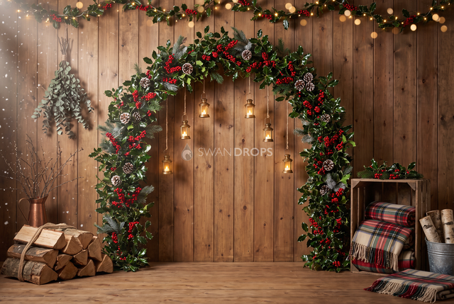 Fond photo Branche de houx de la collection Arches Noël 2026 - planches noisette, houx et baies rouges - séance enfant Noël cocooning