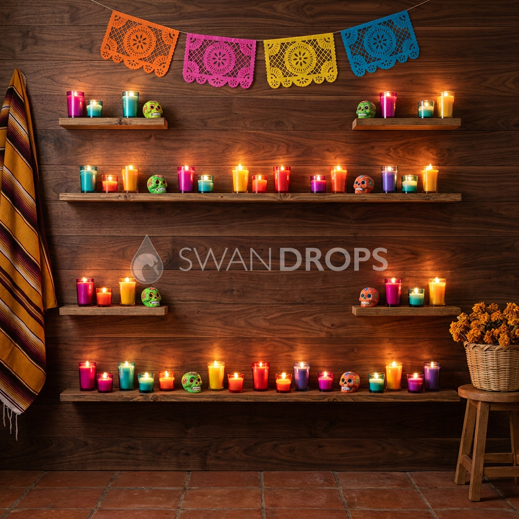 Fond photo Chœur des flammes de la collection Halloween Mexique - noyer sombre, bougies multicolores - séance famille Halloween festive