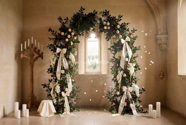 Fond photo Choeur des anges de la collection Arches Noël 2026 - calcaire chaud, houx, roses blanches - séance famille Noël festive