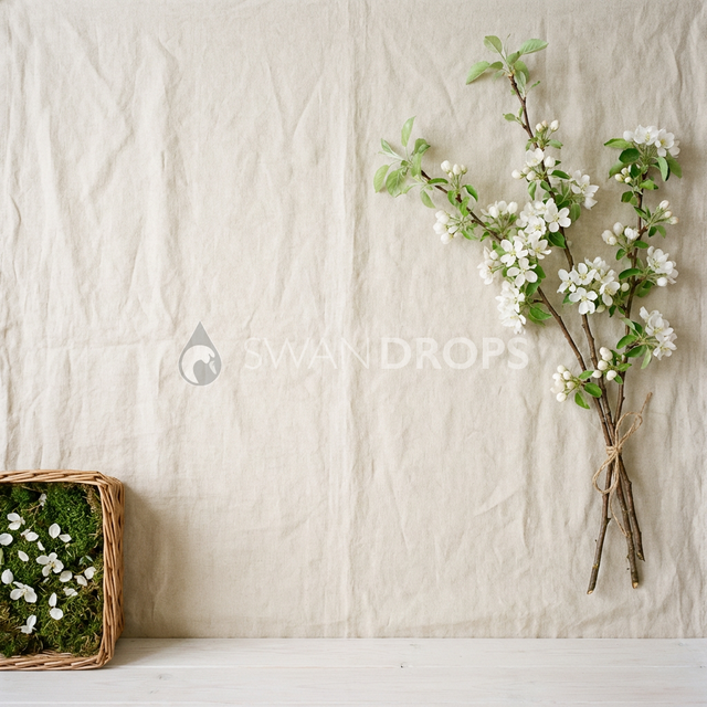 Fond photo Lin écru composition riche droite panier gauche de la collection Printemps Champêtre 2026 - lin écru, branches pommier - séance nouveau-né lifestyle