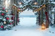Fond photo Portail des neiges de la collection Noël 2026 extérieur - arche conifères enneigés, guirlandes - séance famille Noël