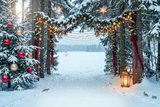 Fond photo Portail des neiges de la collection Noël 2026 extérieur - arche conifères enneigés, guirlandes - séance famille Noël