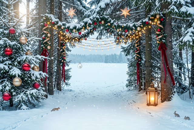 Fond photo Portail des neiges de la collection Noël 2026 extérieur - arche conifères enneigés, guirlandes - séance famille Noël