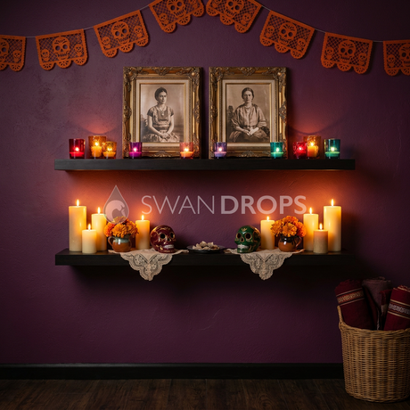 Fond photo Veille sacrée de la collection Halloween Mexique - prune, bougies votives colorées - portrait enfant Halloween intimiste