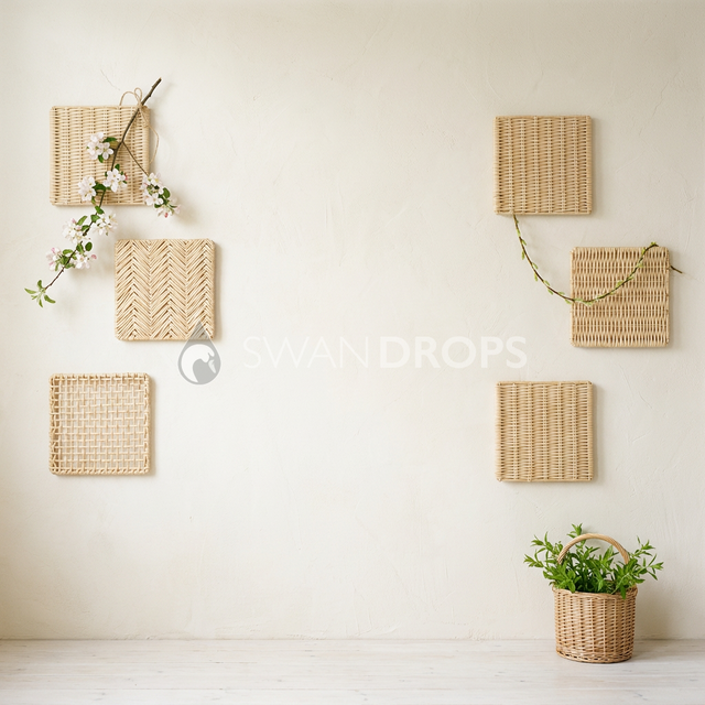 Fond photo Osier panneaux muraux multiples de la collection Printemps Champêtre 2026 - crème et beige, panneaux osier rythmés - séance nouveau-né et enfant