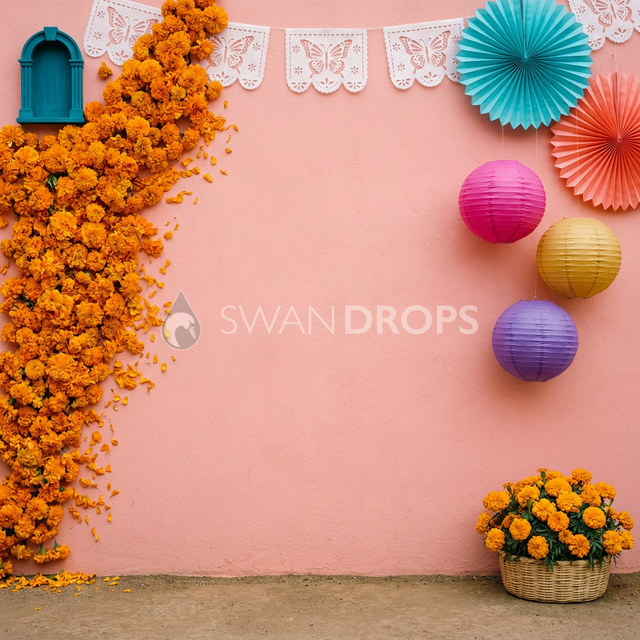 Fond photo Promesa del cempasuchil de la collection Halloween Mexique - corail, fleurs de souci, cascade florale - portrait enfant Coco