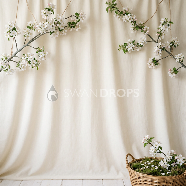 Fond photo Lin crème symétrie haute panier droit de la collection Printemps Champêtre 2026 - lin crème, branches symétriques - séance nouveau-né lifestyle