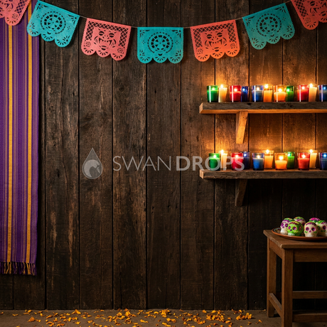 Fond photo Braise et papel de la collection Halloween Mexique - bois espresso, bougies multicolores - portrait couple Halloween festif