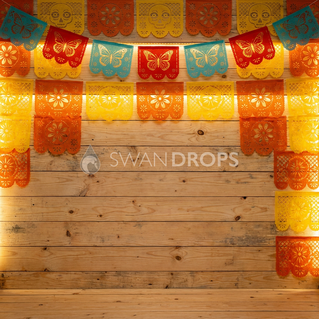 Fond photo Lumière dans le papier de la collection Halloween Mexique - bois naturel, papel picado orange jaune rétroéclairé - portrait Halloween enfant