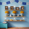 Fond photo Héritage Talavera de la collection Halloween Mexique - bleu ciel, Talavera, doré - séance famille Halloween élégante