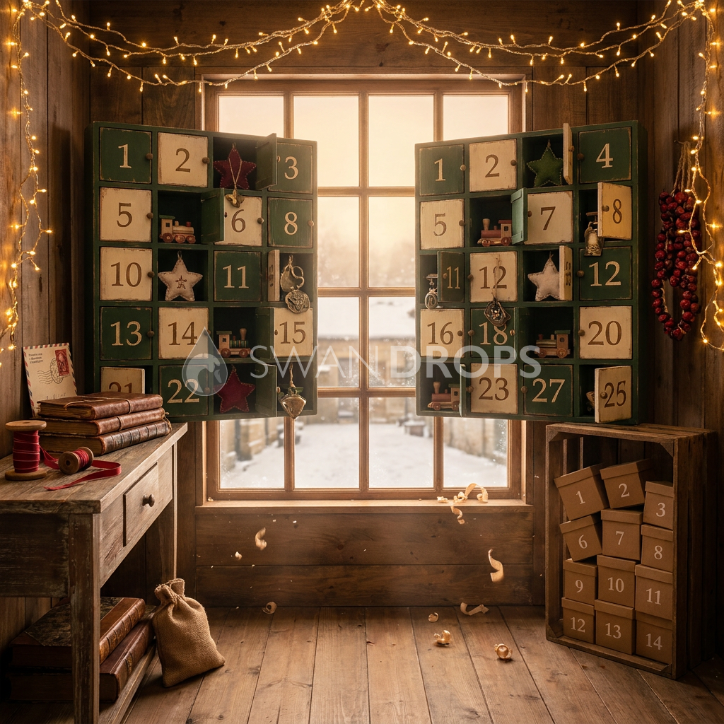 Fond photo Attente des vingt cinq de la collection Noël 2026 Maison du père noël V2 - vert sapin, bois ambré, laiton - séance enfant calendrier de l'avent