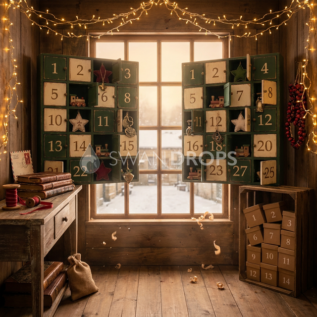 Fond photo Attente des vingt cinq de la collection Noël 2026 Maison du père noël V2 - vert sapin, bois ambré, laiton - séance enfant calendrier de l'avent