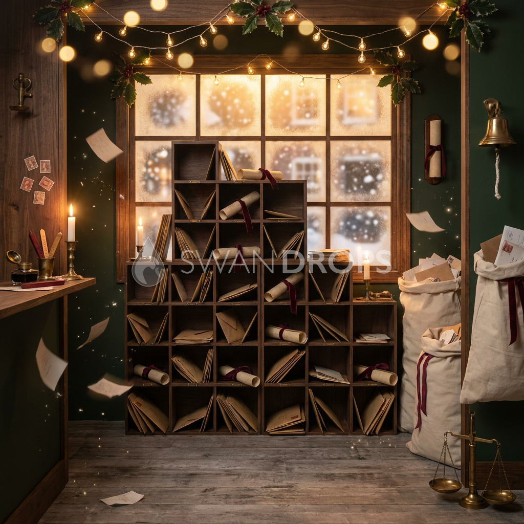 Fond photo L'archive dorée de la collection Noël 2026 Maison du père noël V2 - noyer sombre, bordeaux, or ancien - séance enfant thématique Noël