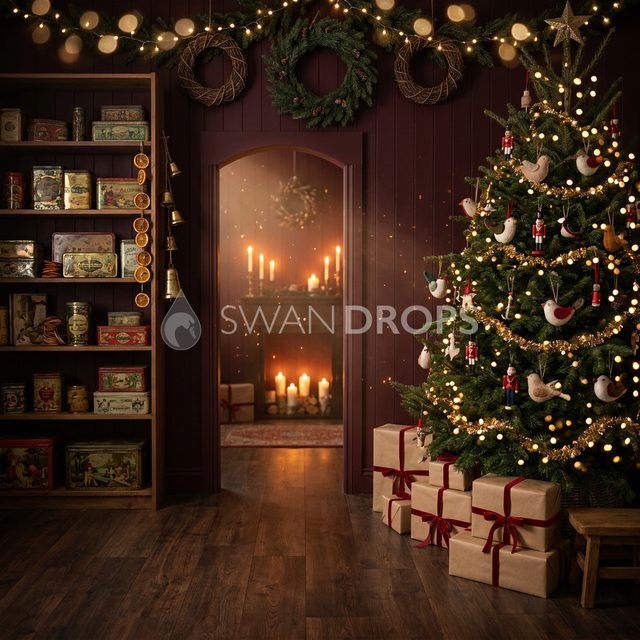 Fond photo Murmure de sapin de la collection Noël 2026 Maison du père noël V2 - bordeaux, vert sapin profond - séance famille portrait Noël