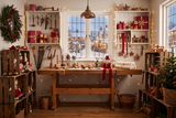 Fond photo Veille de l'atelier de la collection Noël intérieur traditionnel - pin blanc, carmin, cuivre - séance smash cake atelier festif