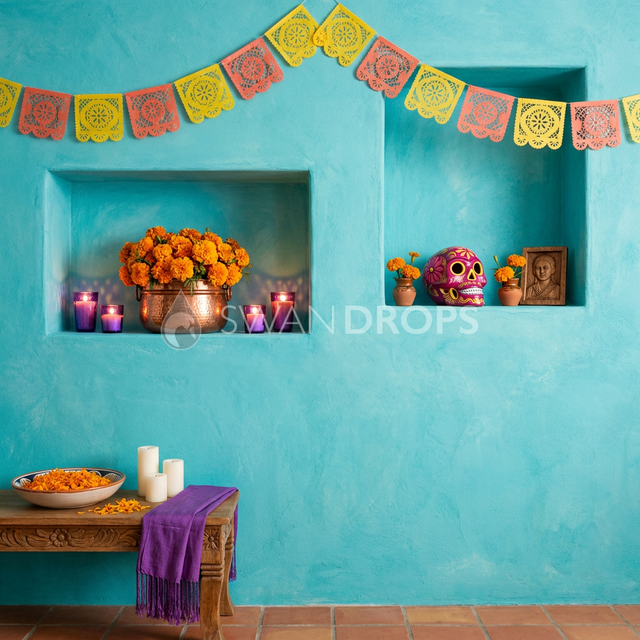 Fond photo Reflets dans l'alcôve de la collection Halloween Mexique - stuc turquoise maya, fleurs de souci - portrait enfant Halloween festif
