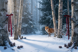Fond photo Renard des neiges de la collection Noël 2026 extérieur - bouleaux, brume, tons froids - séance enfant Noël forêt