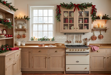 Fond photo Promesse de faïence de la collection Noel cuisine 2026 - chêne clair, garnet rouge - séance famille Noël