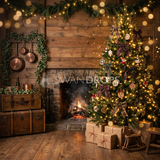 Fond photo Ramure dorée de la collection Noël 2026 Maison du père noël V2 - ambre doré, vert forêt - séance enfant famille Noël