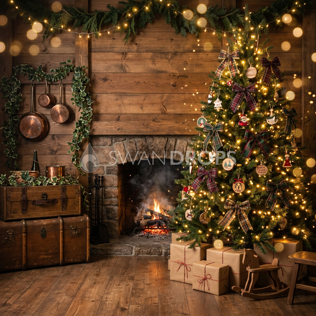 Fond photo Ramure dorée de la collection Noël 2026 Maison du père noël V2 - ambre doré, vert forêt - séance enfant famille Noël
