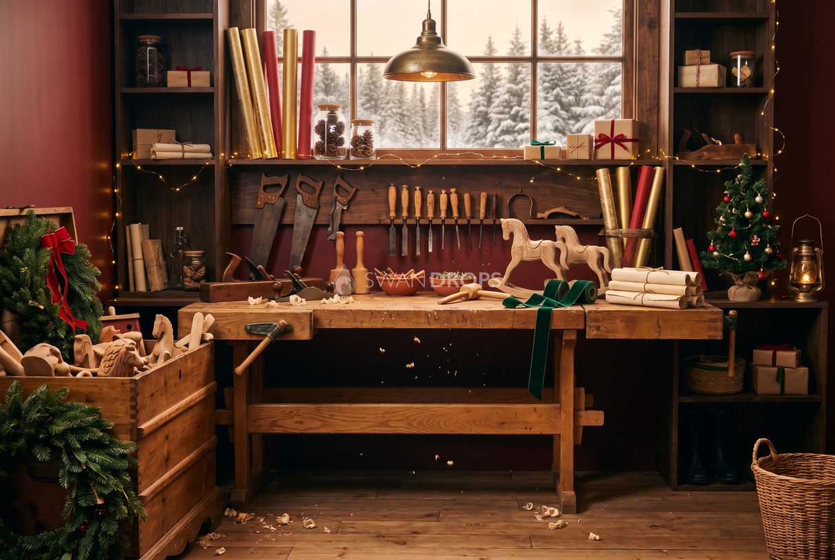 Fond photo Rabot et lumière de la collection Noël intérieur traditionnel - chêne, rouge carmin, lumière feuilletée - séance nouveau-né atelier