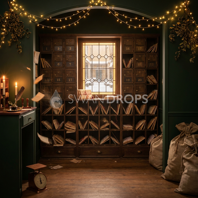 Fond photo Encre de minuit de la collection Noël 2026 Maison du père noël V2 - vert sapin, bois sombre, bordeaux mat - séance enfant thématique Noël