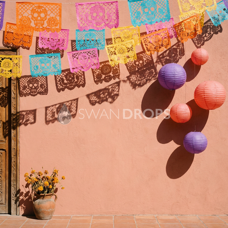 Fond photo Ombres de guirlandes de la collection Halloween Mexique - ocre rosé, papel picado superposé - portrait enfant costumé