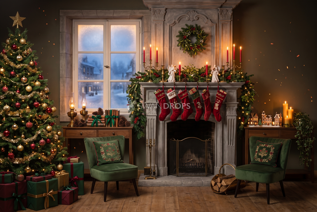 Fond photo Promesse de renne de la collection Noël intérieur traditionnel - pierre grise, velours vert, lumière dorée - séance grossesse portrait