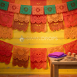 Fond photo Murmure des ciseaux de la collection Halloween Mexique - jaune soleil, papel picado rouge orange - séance lifestyle enfant