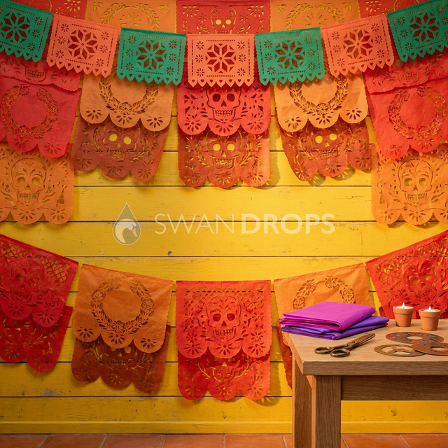 Fond photo Murmure des ciseaux de la collection Halloween Mexique - jaune soleil, papel picado rouge orange - séance lifestyle enfant