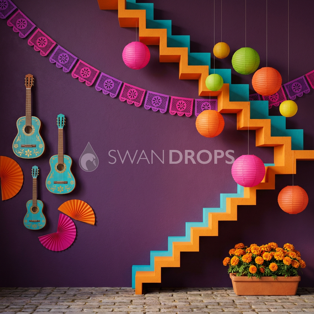 Fond photo Escalera al mas alla de la collection Halloween Mexique - violet prune, escaliers, lampions - portrait enfant Coco