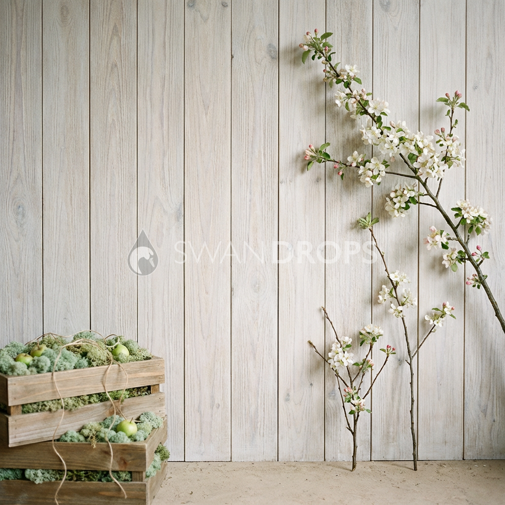 Fond photo Verger cagettes mousse gauche de la collection Printemps Champêtre 2026 - bois blanchi, branches fleuries, mousse - séance nouveau-né grossesse nature