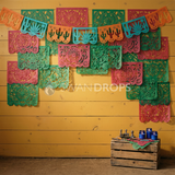 Fond photo Jardin de papier découpé de la collection Halloween Mexique - jaune moutarde, papel picado vert rose - séance famille lifestyle