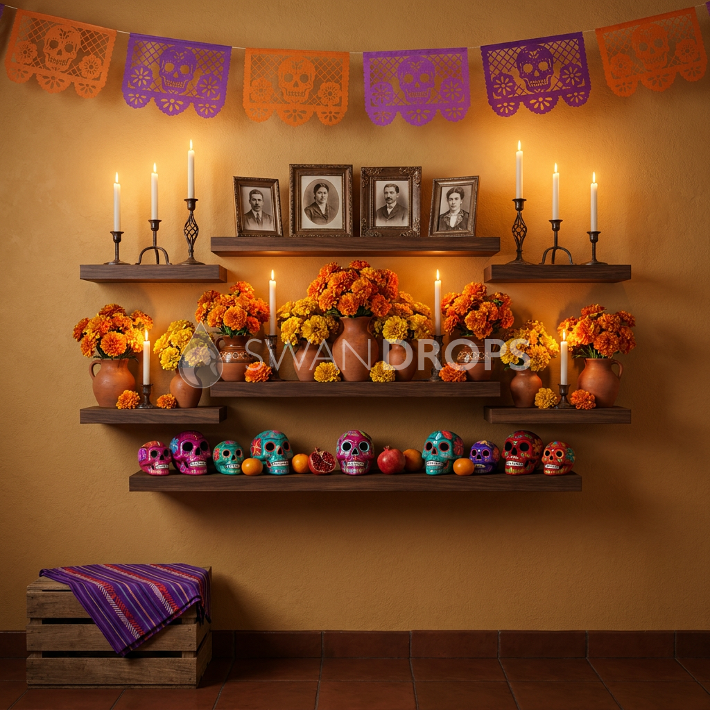 Fond photo Autel des souvenirs de la collection Halloween Mexique - orangé, ocre, bougies ambrées - portrait enfant costumé Halloween