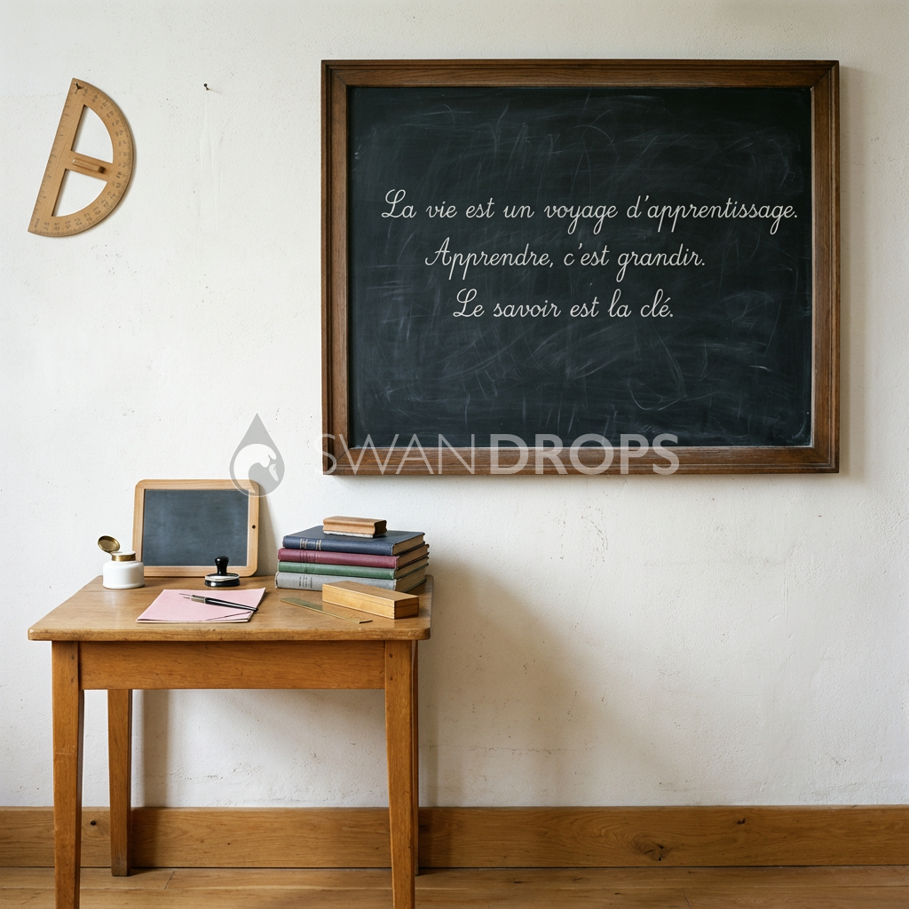 Fond photo Tableau noir latéral pupitre dense de la collection Rentrée scolaire 2026 - chêne miel, blanc craie - portrait enfant rentrée cahiers