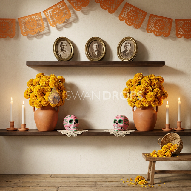 Fond photo Mémoire fleurie de la collection Halloween Mexique - doré, stuc crème, tagètes - séance famille Halloween lifestyle